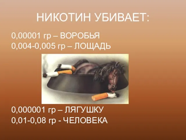 НИКОТИН УБИВАЕТ: 0,00001 гр – ВОРОБЬЯ 0,004-0,005 гр – ЛОЩАДЬ 0,000001