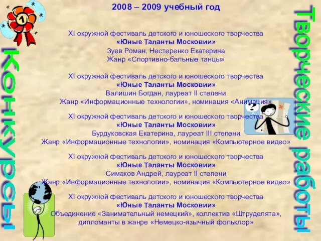 Конкурсы Творческие работы 2008 – 2009 учебный год XI окружной фестиваль