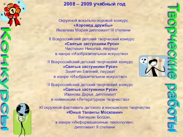 Конкурсы Творческие работы 2008 – 2009 учебный год Окружной вокально-хоровой конкурс