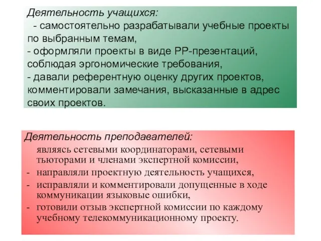 Деятельность учащихся: - самостоятельно разрабатывали учебные проекты по выбранным темам, -