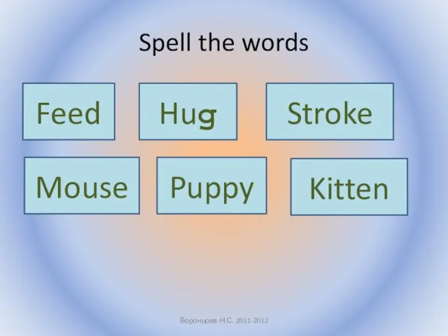 Spell the words Воронцова Н.С. 2011-2012 Feed Hug Stroke Mouse Puppy Kitten