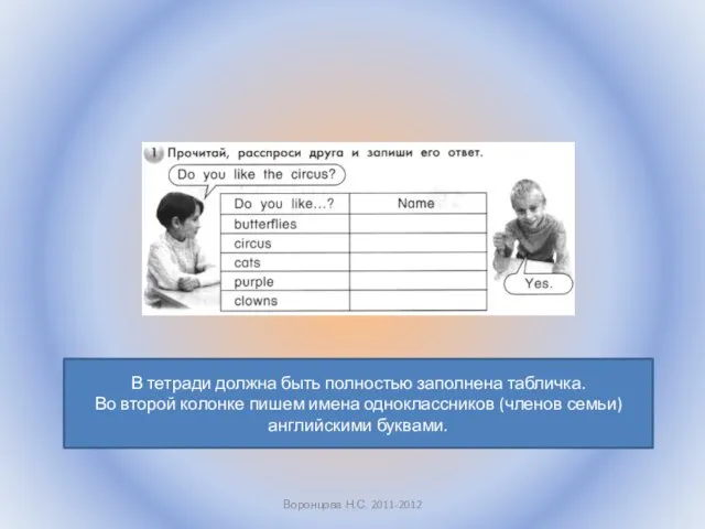 Воронцова Н.С. 2011-2012 В тетради должна быть полностью заполнена табличка. Во