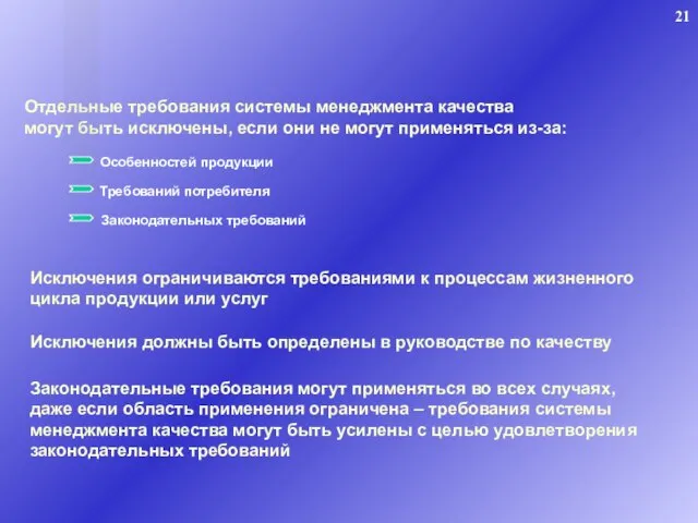 Отдельные требования системы менеджмента качества могут быть исключены, если они не