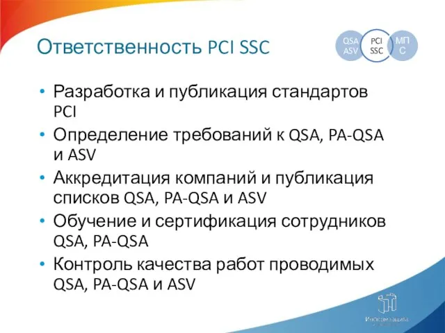 Ответственность PCI SSC Разработка и публикация стандартов PCI Определение требований к