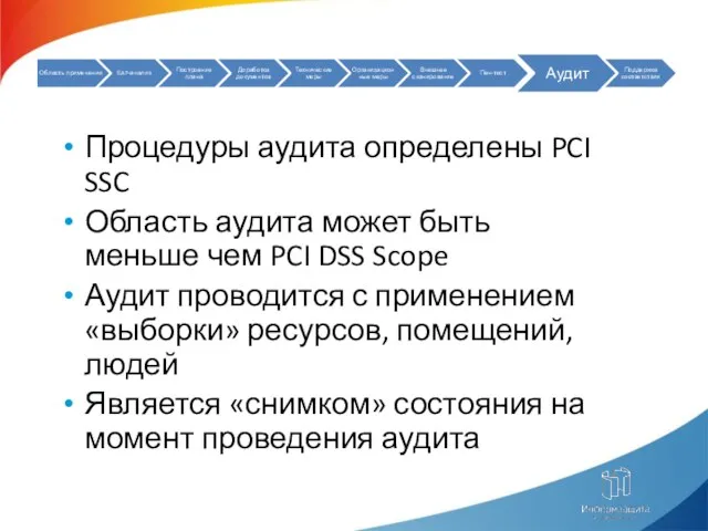 Процедуры аудита определены PCI SSC Область аудита может быть меньше чем