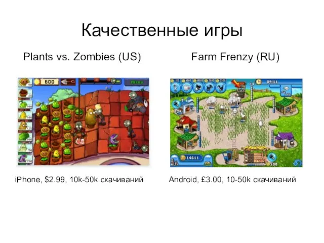 Качественные игры iPhone, $2.99, 10k-50k скачиваний Android, £3.00, 10-50k скачиваний Plants