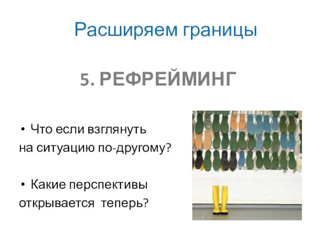 Расширяем границы 5. РЕФРЕЙМИНГ Что если взглянуть на ситуацию по-другому? Какие перспективы открывается теперь?