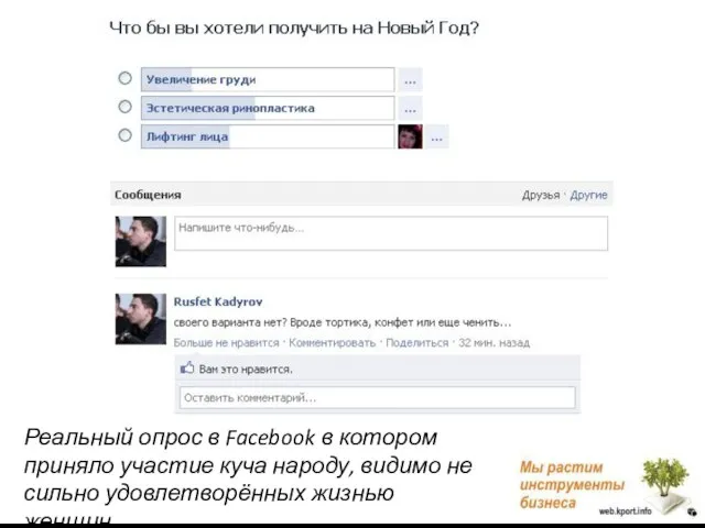 Реальный опрос в Facebook в котором приняло участие куча народу, видимо не сильно удовлетворённых жизнью женщин…