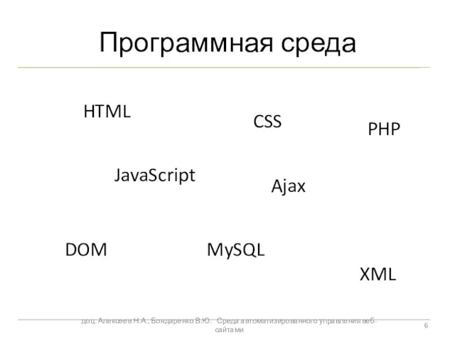 Программная среда HTML CSS JavaScript Ajax DOM XML MySQL PHP доц.