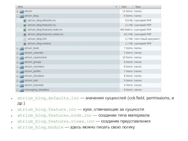 atrium_blog.defaults.inc — значения сущностей (cck field, permissions, и др.) atrium_blog.feature.inc —
