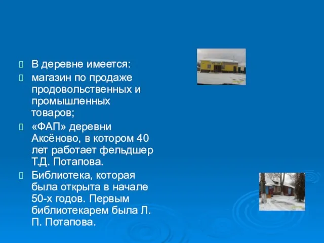 В деревне имеется: магазин по продаже продовольственных и промышленных товаров; «ФАП»