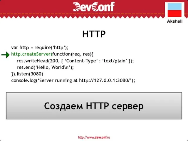 HTTP var http = require(‘http’); http.createServer(function(req, res){ res.writeHead(200, { ‘Content-Type’ :