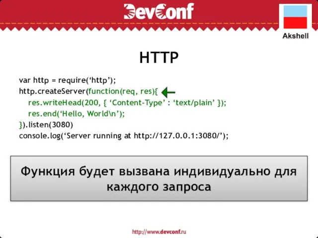 HTTP var http = require(‘http’); http.createServer(function(req, res){ res.writeHead(200, { ‘Content-Type’ :