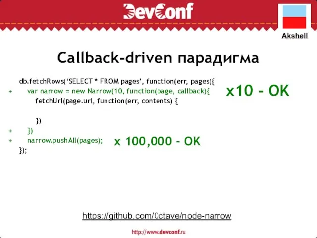 Callback-driven парадигма db.fetchRows(‘SELECT * FROM pages’, function(err, pages){ var narrow =