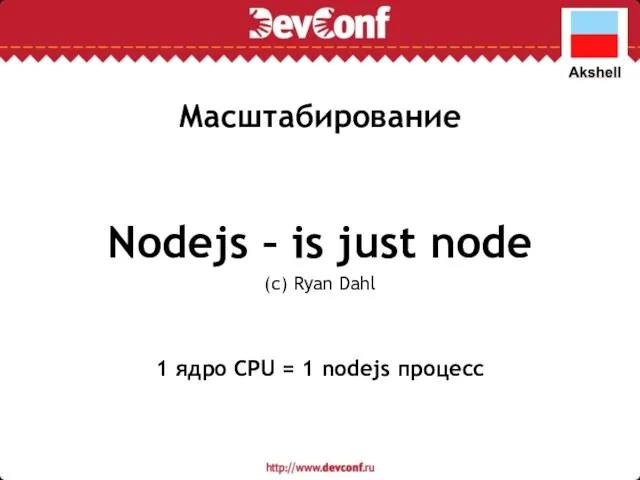 Масштабирование Nodejs – is just node (c) Ryan Dahl 1 ядро CPU = 1 nodejs процесс