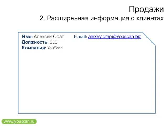 Продажи 2. Расширенная информация о клиентах Имя: Алексей Орап Должность: CEO Компания: YouScan E-mail: alexey.orap@youscan.biz