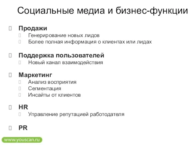 Cоциальные медиа и бизнес-функции Продажи Генерирование новых лидов Более полная информация