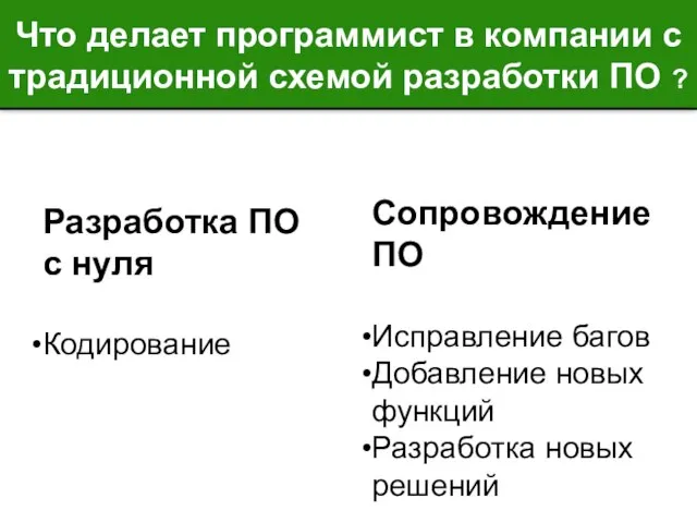 Что делает программист в компании с традиционной схемой разработки ПО ?