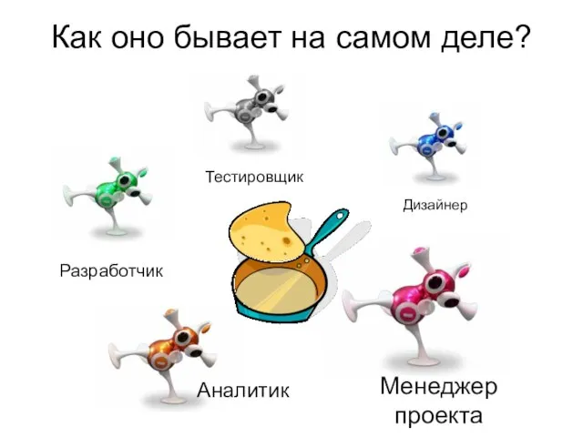 Как оно бывает на самом деле? Менеджер проекта Аналитик Разработчик Дизайнер Тестировщик