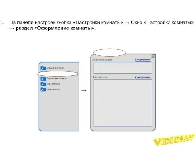 Оформление комнаты На панели настроек кнопка «Настройки комнаты» → Окно «Настройки