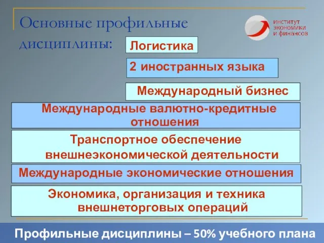 Основные профильные дисциплины: 2 иностранных языка Профильные дисциплины – 50% учебного