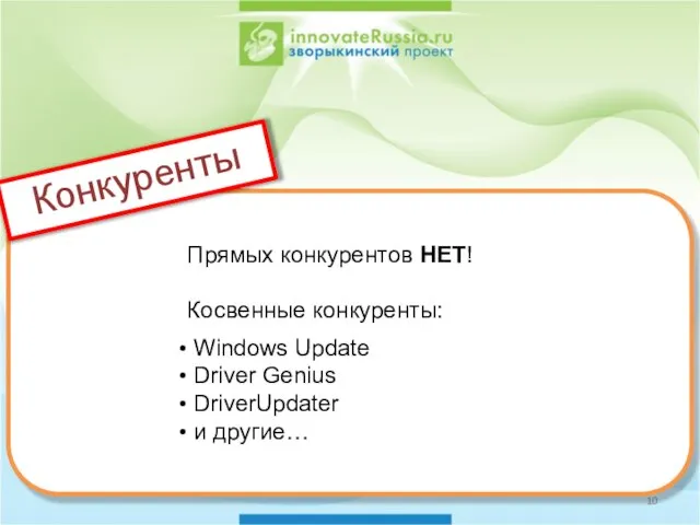 Прямых конкурентов НЕТ! Косвенные конкуренты: Windows Update Driver Genius DriverUpdater и другие… Конкуренты