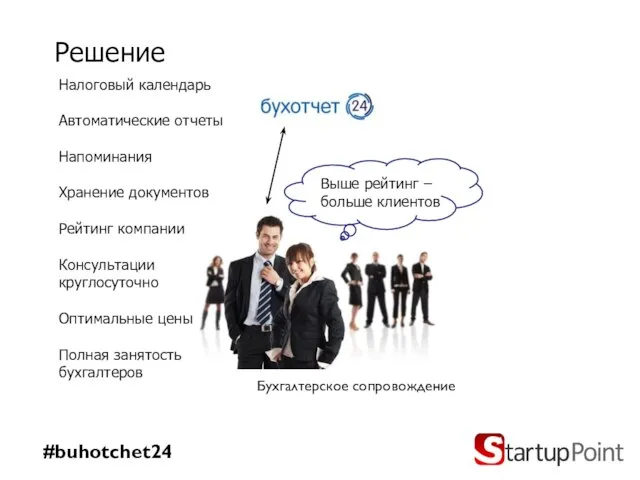 Решение #buhotchet24 Бухгалтерское сопровождение Выше рейтинг – больше клиентов Налоговый календарь