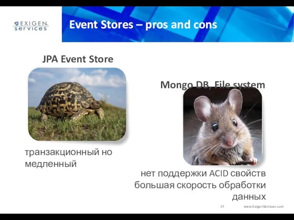 Event Stores – pros and cons нет поддержки ACID свойств большая