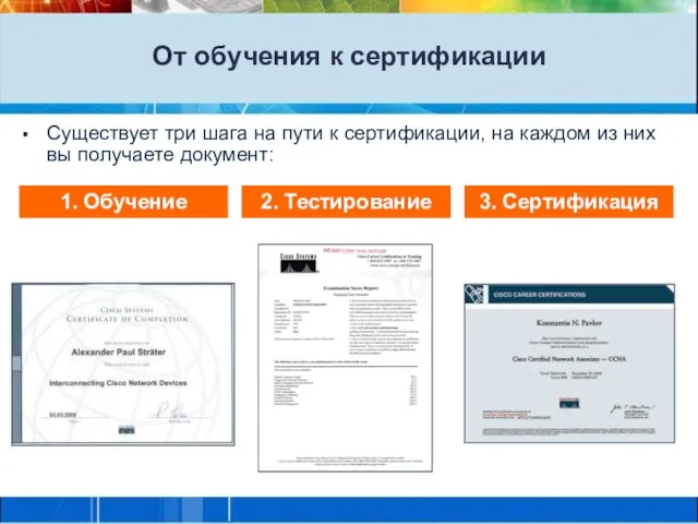 От обучения к сертификации Существует три шага на пути к сертификации,