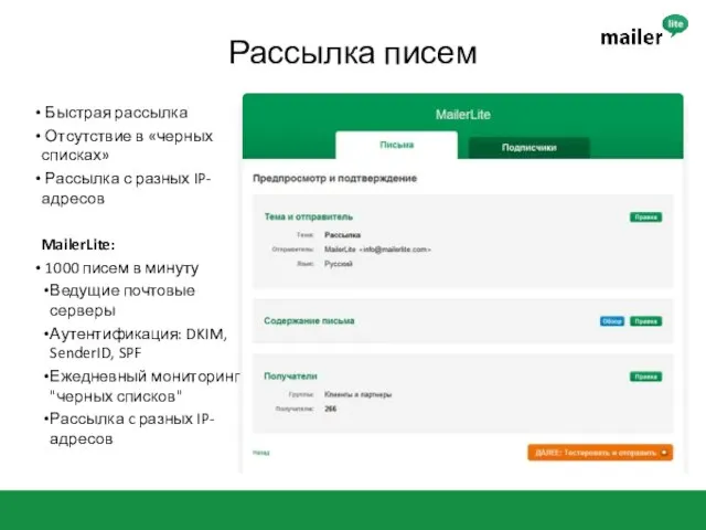 Рассылка писем Быстрая рассылка Отсутствие в «черных списках» Рассылка с разных