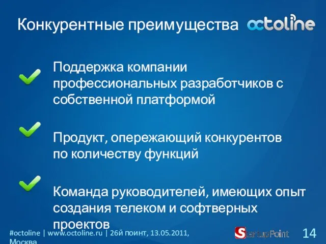 Конкурентные преимущества Поддержка компании профессиональных разработчиков с собственной платформой Продукт, опережающий