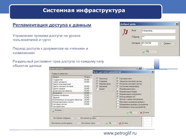 www.petroglif.ru Системная инфраструктура Регламентация доступа к данным Управление правами доступа на