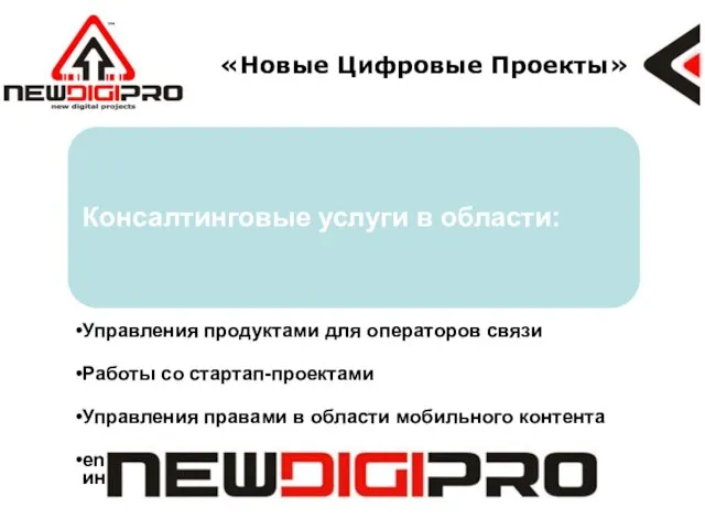 «Новые Цифровые Проекты» Консалтинговые услуги в области: Управления продуктами для операторов