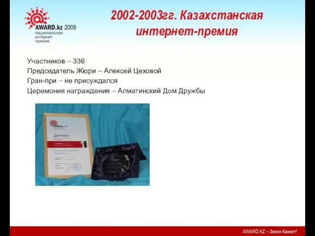 2002-2003гг. Казахстанская интернет-премия Участников – 336 Председатель Жюри – Алексей Цеховой