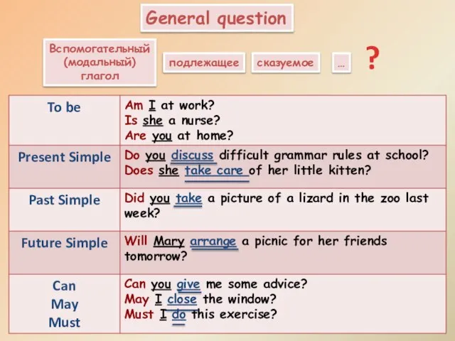 General question Вспомогательный (модальный) глагол подлежащее сказуемое … ?