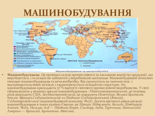 Машинобудування Машинобудування. Це провідна галузь промисловості за загальною вартістю продукції, що