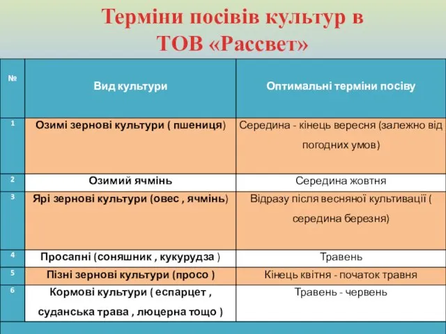 Терміни посівів культур в ТОВ «Рассвет»