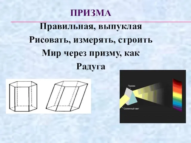 ПРИЗМА Правильная, выпуклая Рисовать, измерять, строить Мир через призму, как Радуга