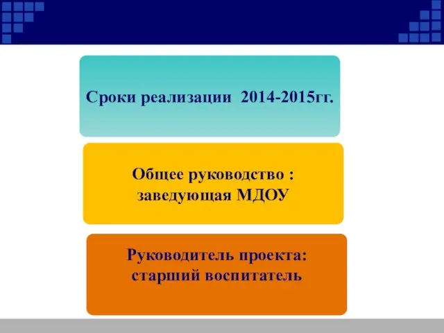 Сроки реализации 2014-2015гг. Общее руководство : заведующая МДОУ Руководитель проекта: старший воспитатель