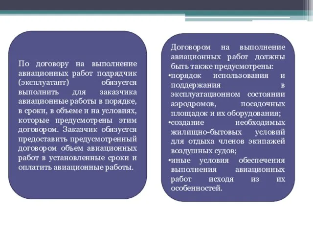 По договору на выполнение авиационных работ подрядчик (эксплуатант) обязуется выполнить для