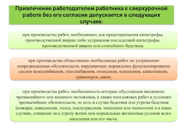 Привлечение работодателем работника к сверхурочной работе без его согласия допускается в