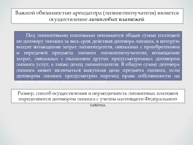 Размер, способ осуществления и периодичность лизинговых платежей определяются договором лизинга с