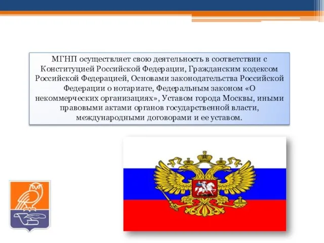 МГНП осуществляет свою деятельность в соответствии с Конституцией Российской Федерации, Гражданским