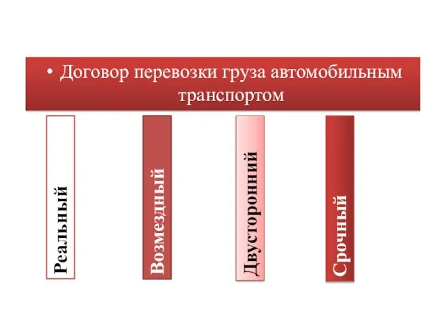 Договор перевозки груза автомобильным транспортом Реальный Возмездный Двусторонний Срочный