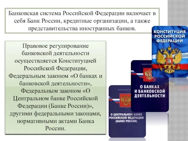 Банковская система Российской Федерации включает в себя Банк России, кредитные организации,