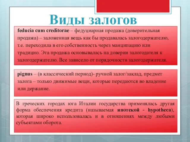 Виды залогов feducia cum creditorae – федуциарная продажа (доверительная продажа) –