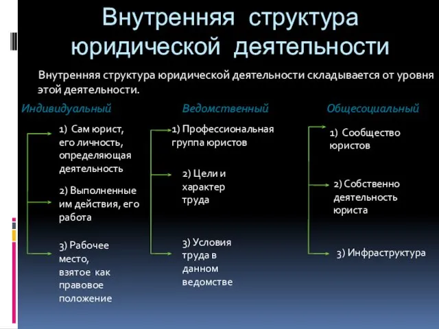 Внутренняя структура юридической деятельности Внутренняя структура юридической деятельности складывается от уровня