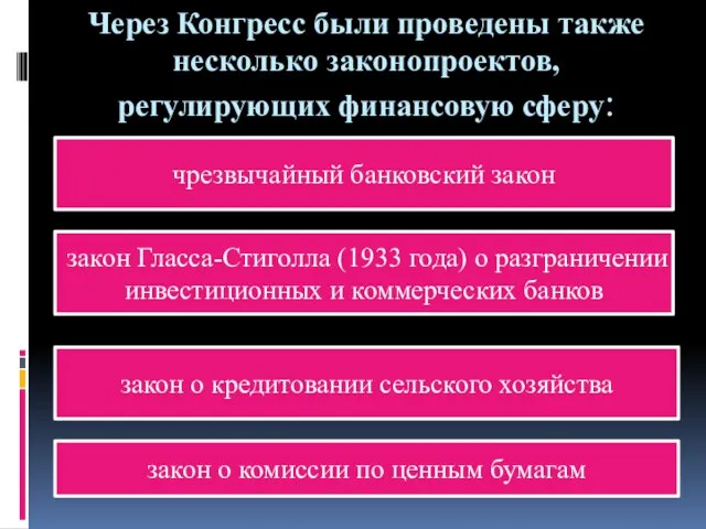 Через Конгресс были проведены также несколько законопроектов, регулирующих финансовую сферу: чрезвычайный