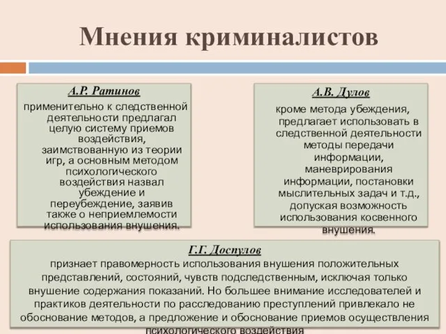 Мнения криминалистов А.Р. Ратинов применительно к следственной деятельности предлагал целую систему