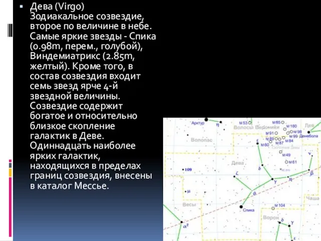 Дева (Virgo) Зодиакальное созвездие, второе по величине в небе. Самые яркие